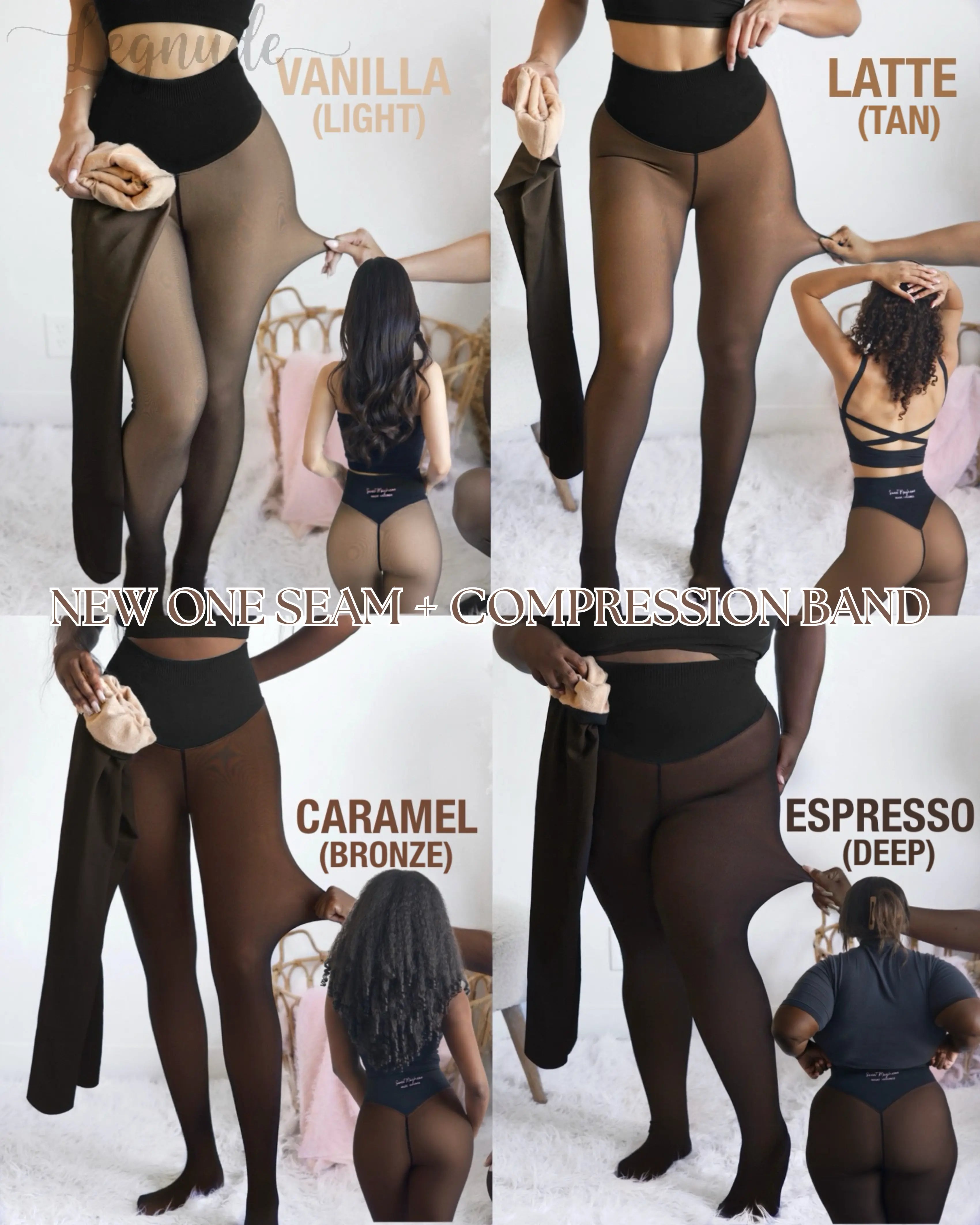 Legnude The Glow Up magic leggings shown in all four shades — Vanilla, Latte, Caramel and Espresso with one-seam compression band