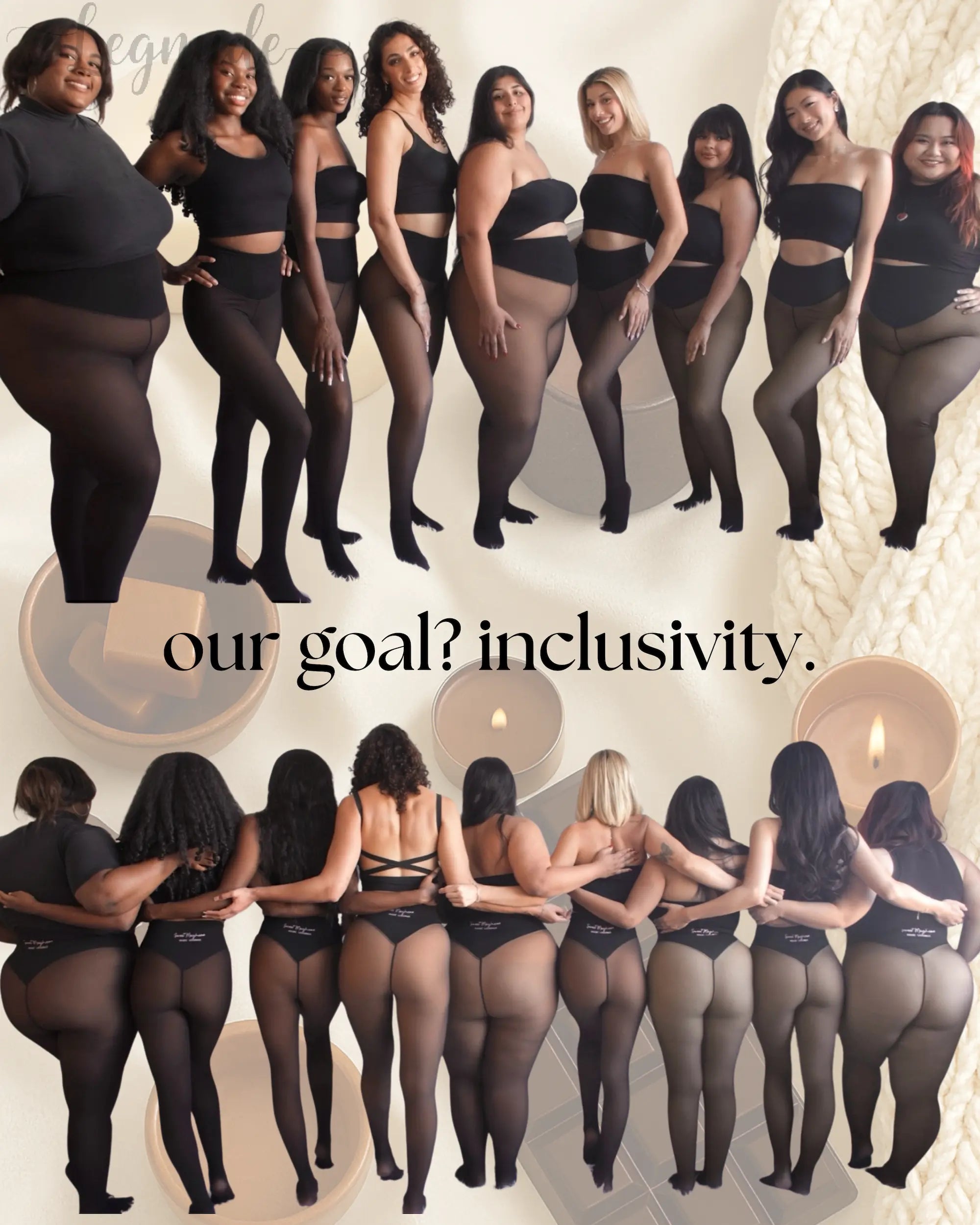 Diverse group of women wearing Legnude The Glow Up magic leggings in inclusive shades and sizes