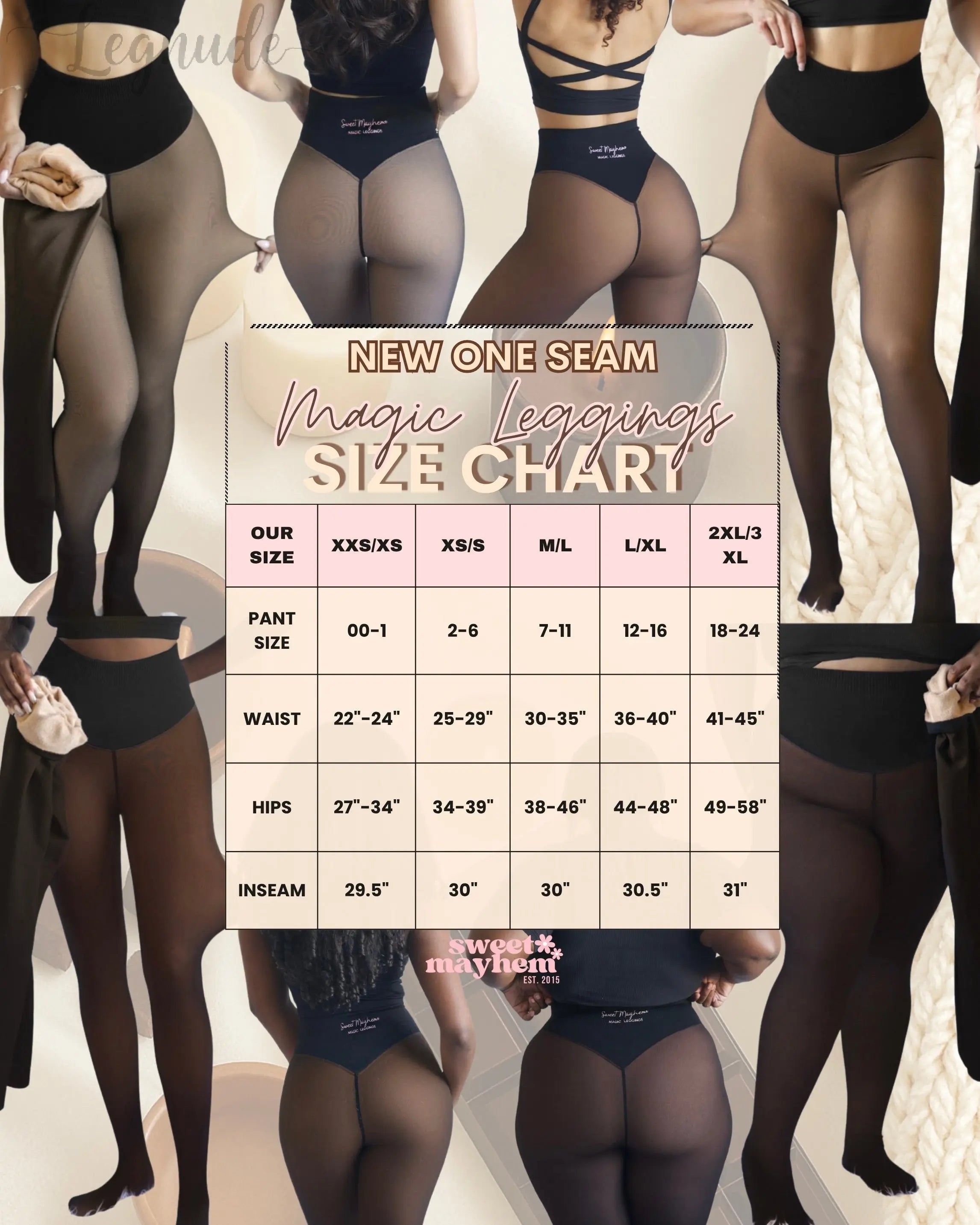 Legnude The Glow Up magic leggings size chart — waist, hips and inseam measurements for sizes XXS/XS to 2XL/3XL